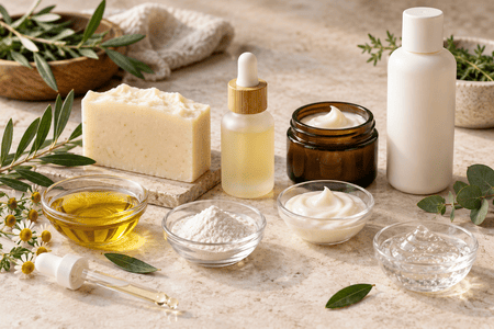 Cosmetic ingredients and finished soap, skin care, and hair care products arranged on a worktable
