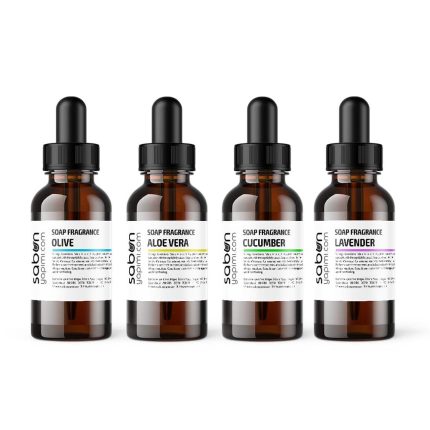 Soap making fragrance oil set with four 20 ml bottles in Aloe Vera, Lavender, Olive and Cucumber scents