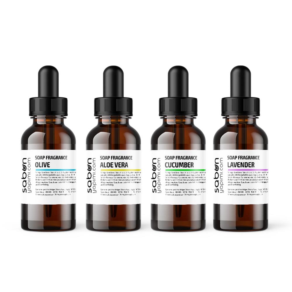 Soap Making Fragrance Oil Set – 4 × 20 ml Soap making fragrance oil set with four 20 ml bottles in Aloe Vera, Lavender, Olive and Cucumber scents