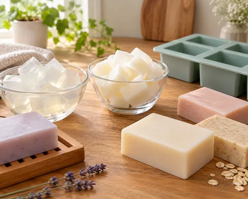 Prepared melt and pour soap base beside handmade bars and silicone molds