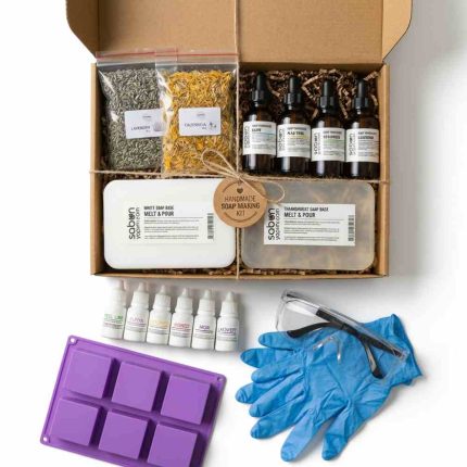 Melt and pour soap making kit with transparent soap base, colors, fragrances, botanicals and silicone mold
