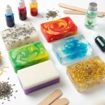 Melt and pour soap making kit with transparent soap base, colors, fragrances, botanicals and silicone mold