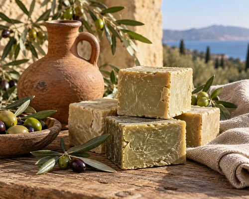 Traditional soap bars and olive oil representing the history of soap making