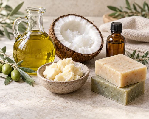 Olive oil, coconut oil, shea butter and handmade soap bars arranged on a tabletop