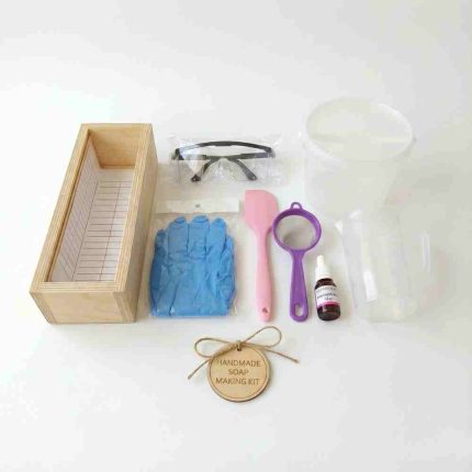 Complete soap making equipment set with wooden mold, safety goggles, gloves, beaker and mixing tools