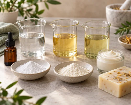 Cosmetic ingredient powders, liquids and soap bars arranged on a formulation worktable