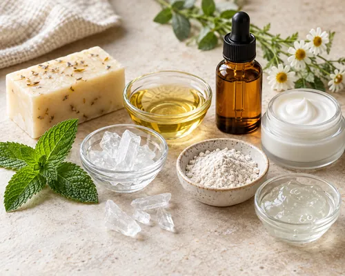 Soap and cosmetic ingredients including menthol crystals, oils, cream, and skincare materials arranged on a worktable