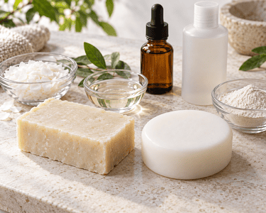 Soap bar, syndet cleansing bar and cosmetic ingredients arranged with skincare products
