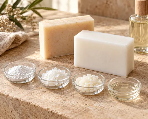 Handmade white soap bars with cosmetic powders, oils and formulation ingredients
