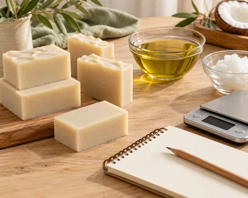 Soap maker calculating a lye discount beside oils, a digital scale, and handmade soap bars