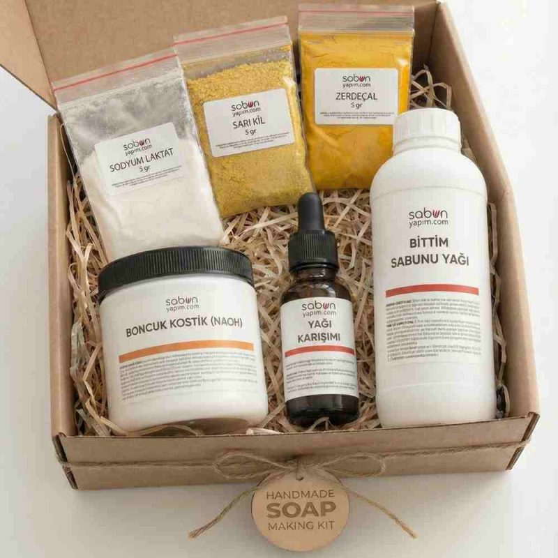 Turmeric soap making kit with vegetable oils, turmeric powder, yellow clay and essential oils