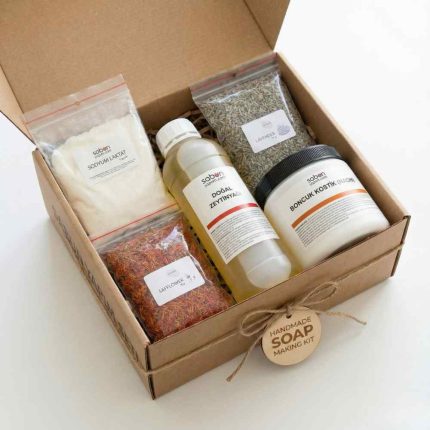 Olive oil soap making kit with olive oil, sodium hydroxide, sodium lactate and dried flowers
