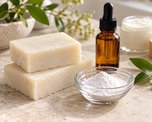 Handmade soap bars beside a small dish of cosmetic ingredient powder on a worktable