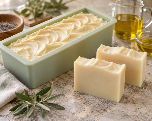 Cold process soap bars beside a silicone mold and soap-making oils on a worktable