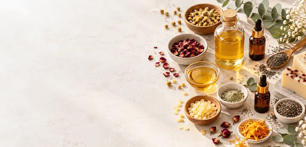 Natural oils and soap making additives with botanical ingredients, wax pellets and glass oil bottles.