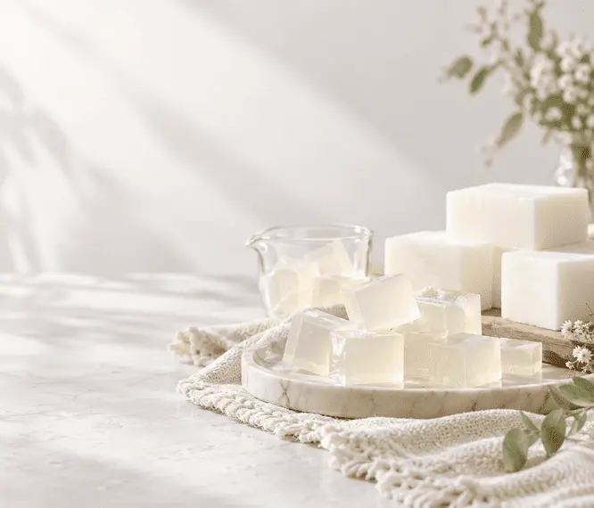 Transparent and white melt and pour soap base cubes for handmade soap making.