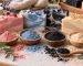 Cosmetic clays and soap colorants including pink, blue, black and beige clay used to create colorful handmade soaps