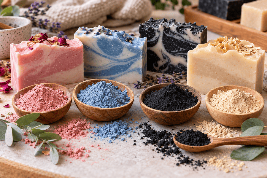 Cosmetic clays and soap colorants including pink, blue, black and beige clay used to create colorful handmade soaps