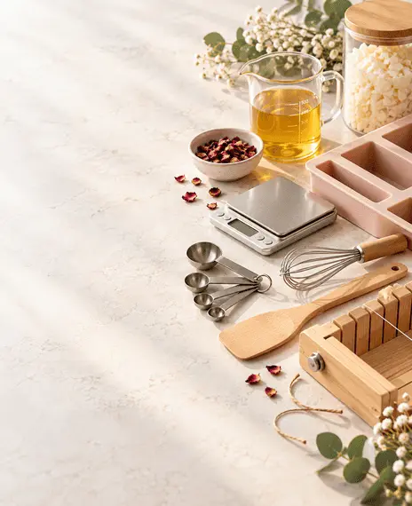 Soap making equipment including digital scale, measuring spoons, mixing tools and silicone soap molds.