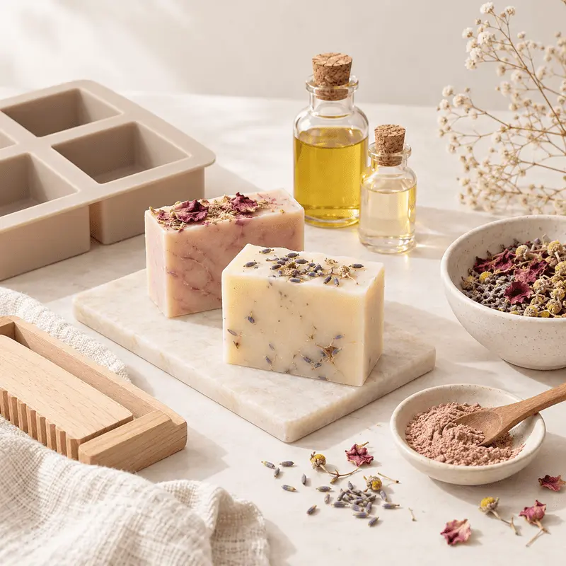 Handmade soap making kit with soap bars, silicone mold, natural oils and botanical ingredients.